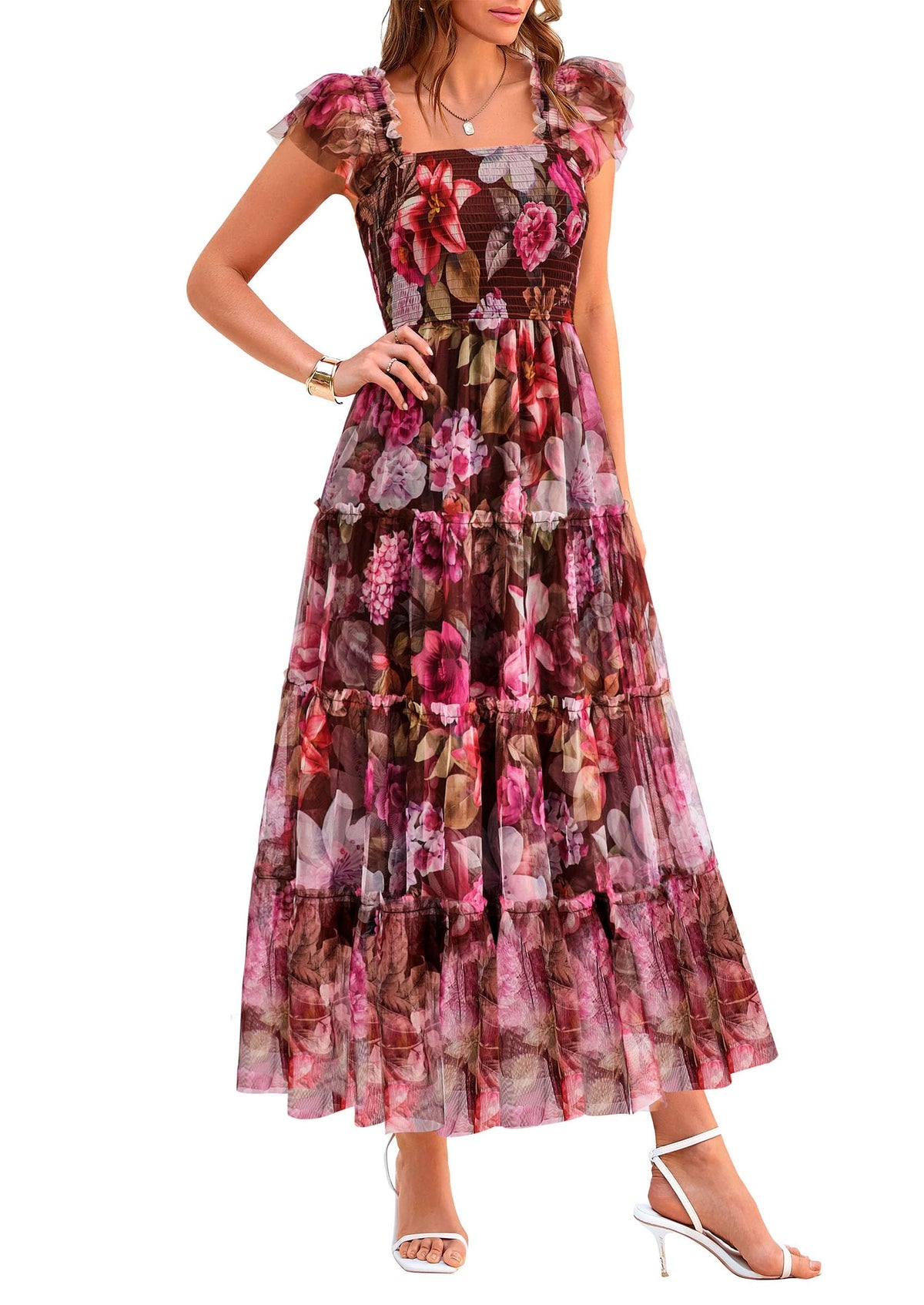PRETTYGARDEN Women's Summer Smocked Midi Tulle Dress