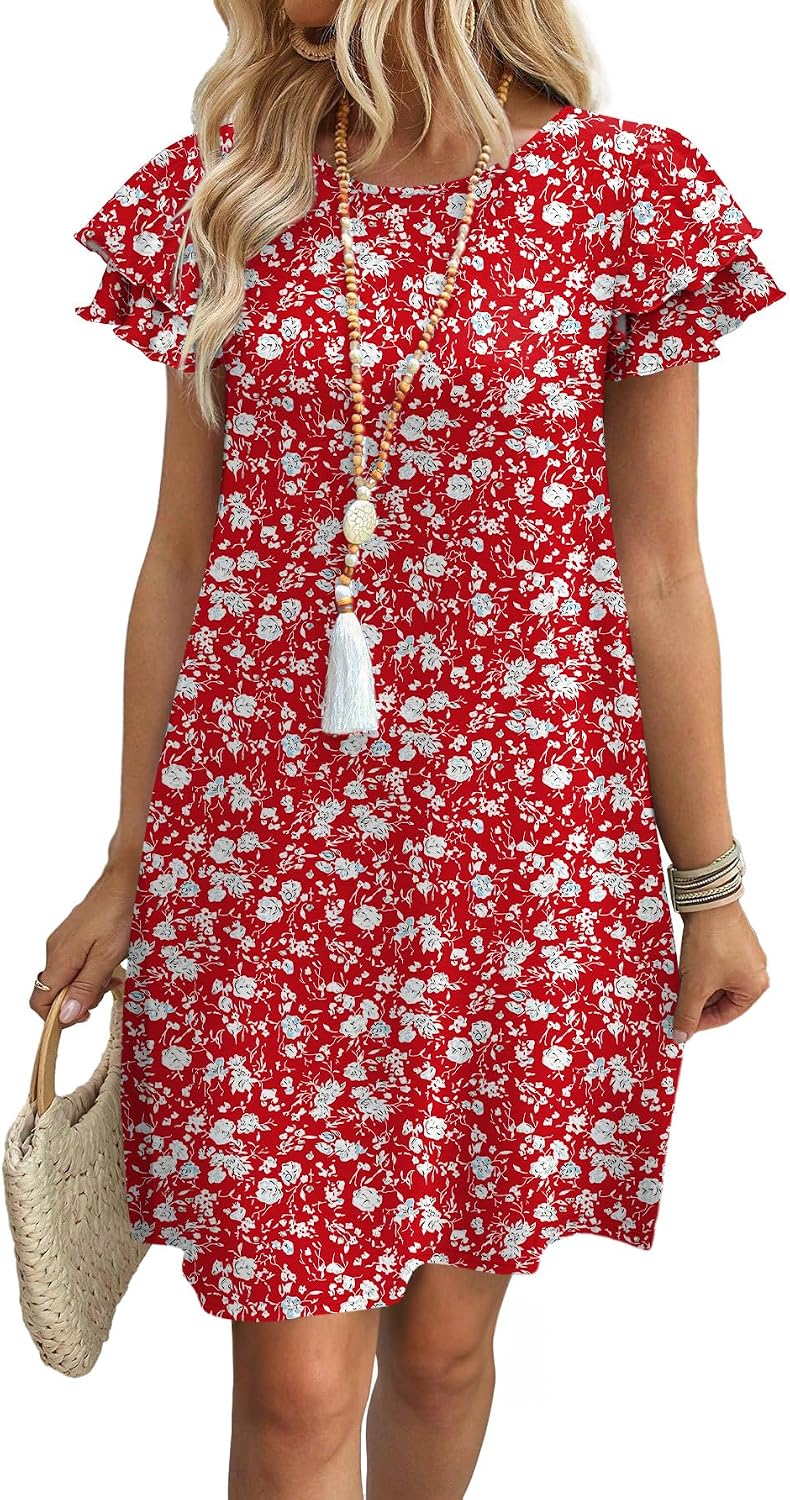 OFEEFAN Womens Summer Dresses 2026 Ruffle Sleeve Round Neck Loose Swing Sundresses with Pockets Plain/Print