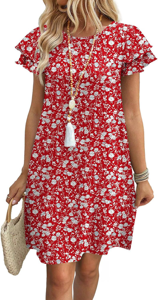 OFEEFAN Womens Summer Dresses 2026 Ruffle Sleeve Round Neck Loose Swing Sundresses with Pockets Plain/Print