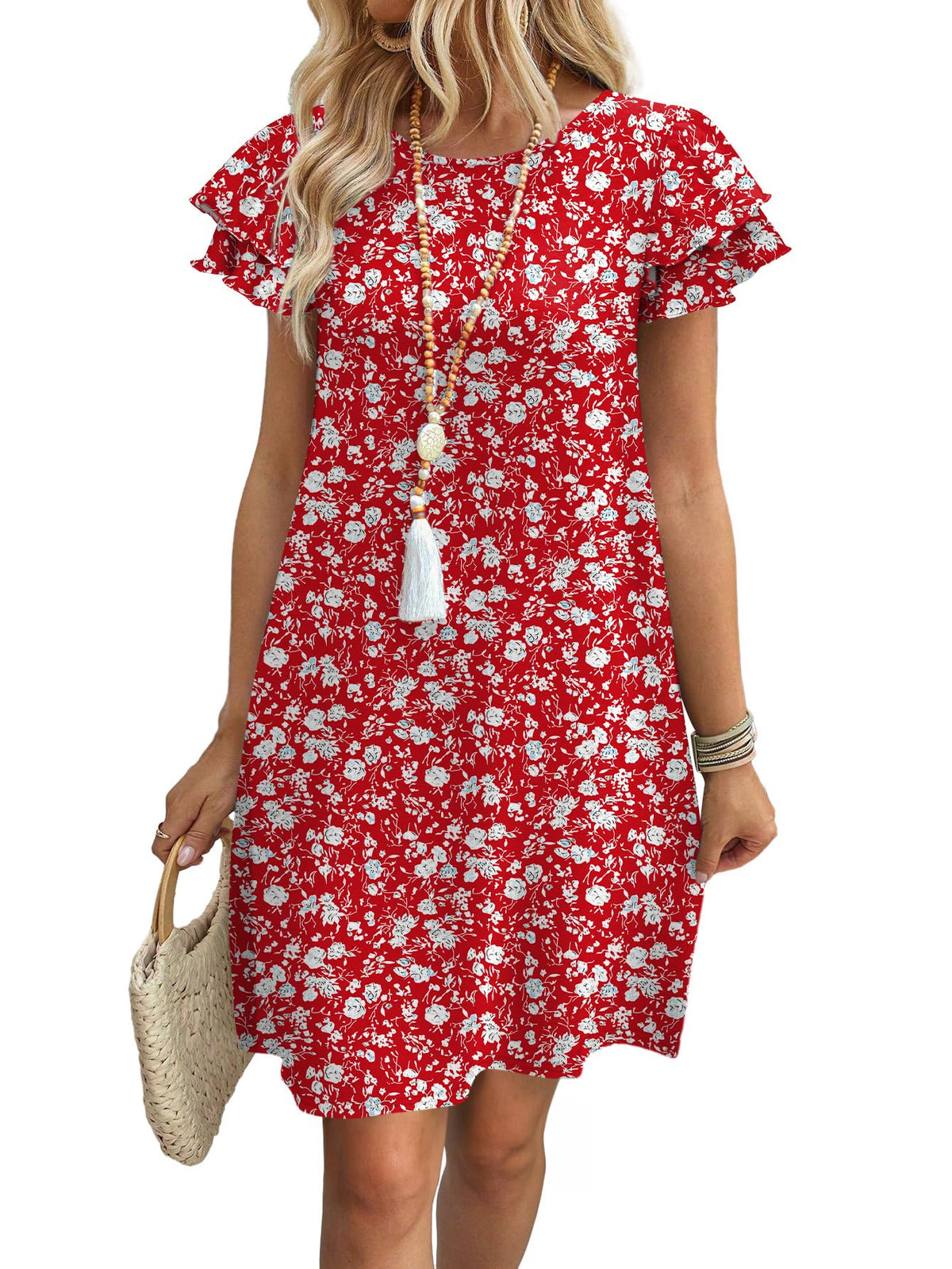 OFEEFAN Womens Summer Dresses 2026 Ruffle Sleeve Round Neck Loose Swing Sundresses with Pockets Plain/Print