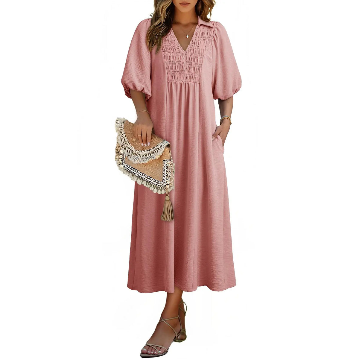 DOKOTOO Summer Dresses for Women 2026 Casual Dresses V Neck Puff Sleeve Empire Waist A-Line Maxi Dress
