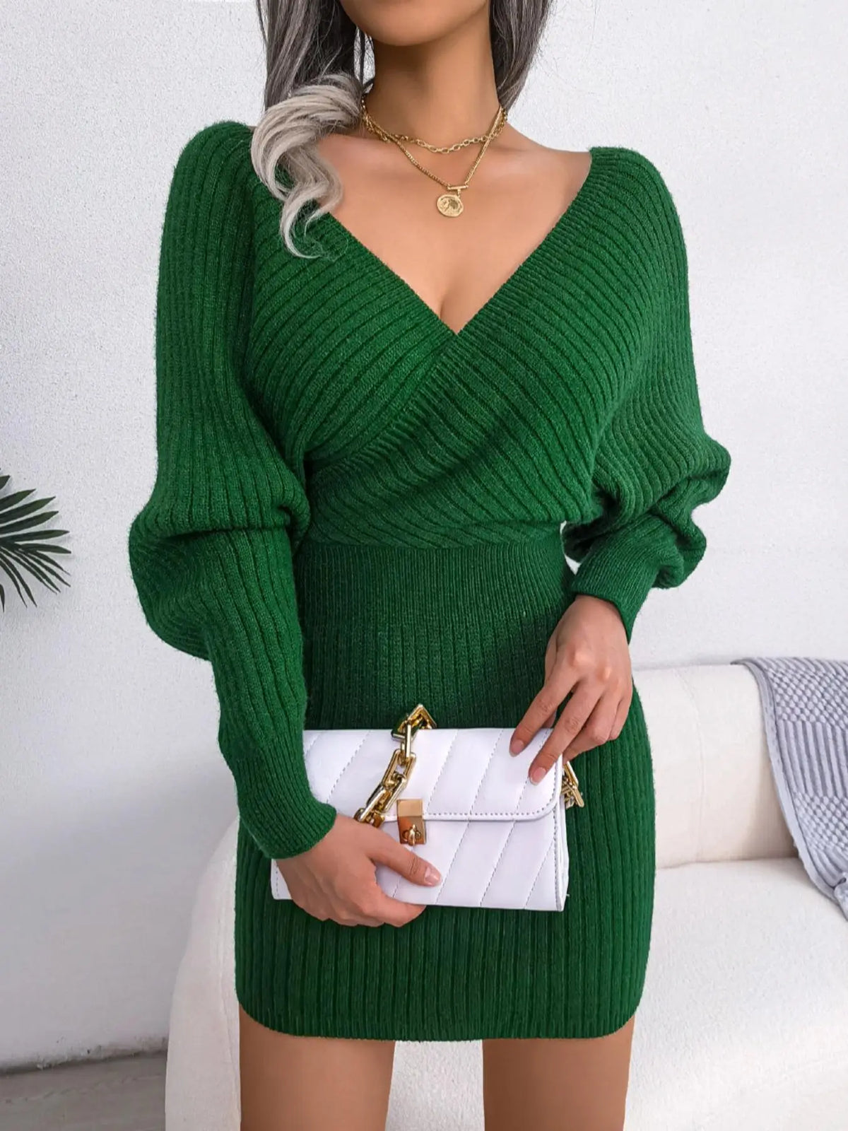 Women's Plain Solid Wrapped V Neck Leg-of-mutton Sleeve Sweater Dress, Slim-fit Long Sleeve Bodycon Jumper Dress, Womenswear