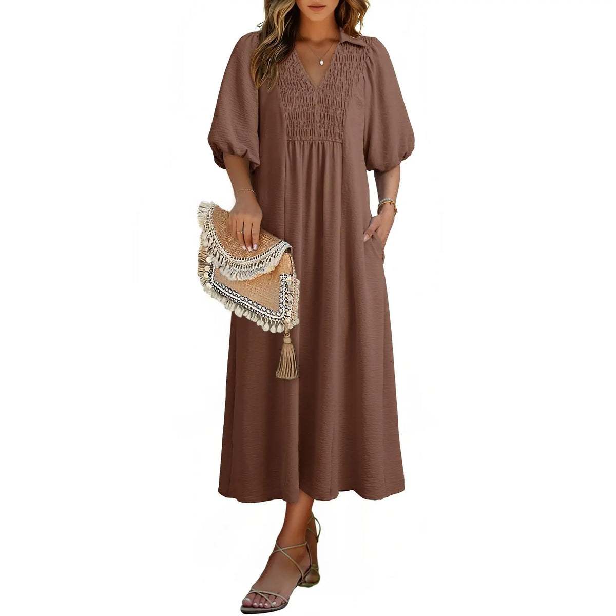 DOKOTOO Summer Dresses for Women 2026 Casual Dresses V Neck Puff Sleeve Empire Waist A-Line Maxi Dress