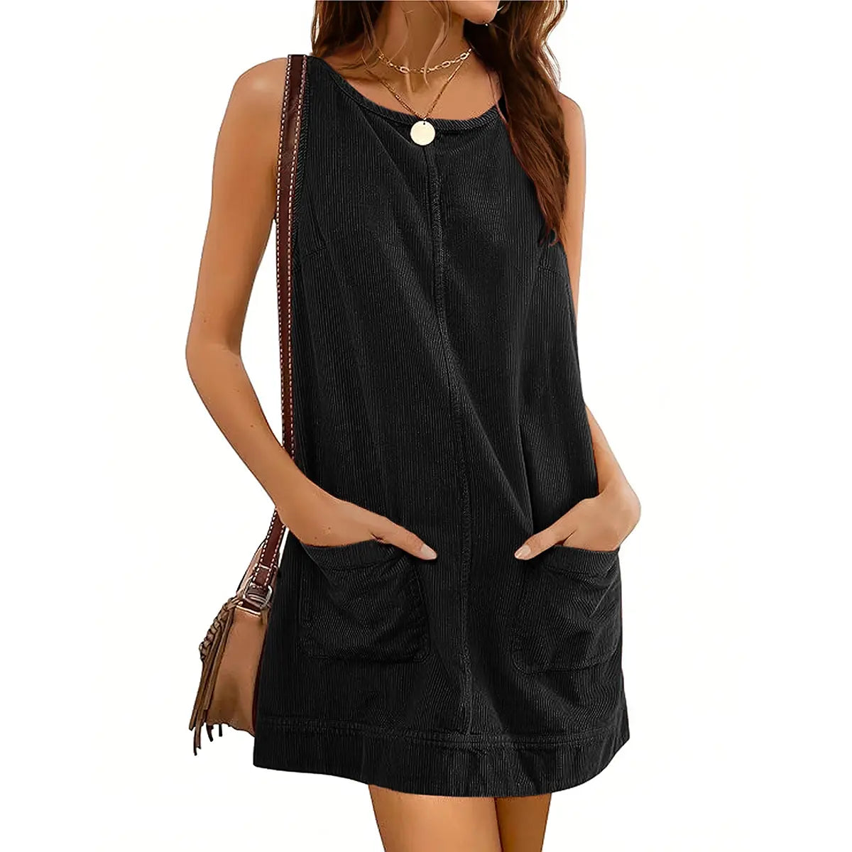 JovenPara Women's 70%Cotton-30%Polyester Corduroy Sleeveless A-Line Mini Overall Dress - Basic Casual Machine Washable Dress with Round Neck, Patch Pockets, Open Back, Above Knee, Elegant Women's Clothes
