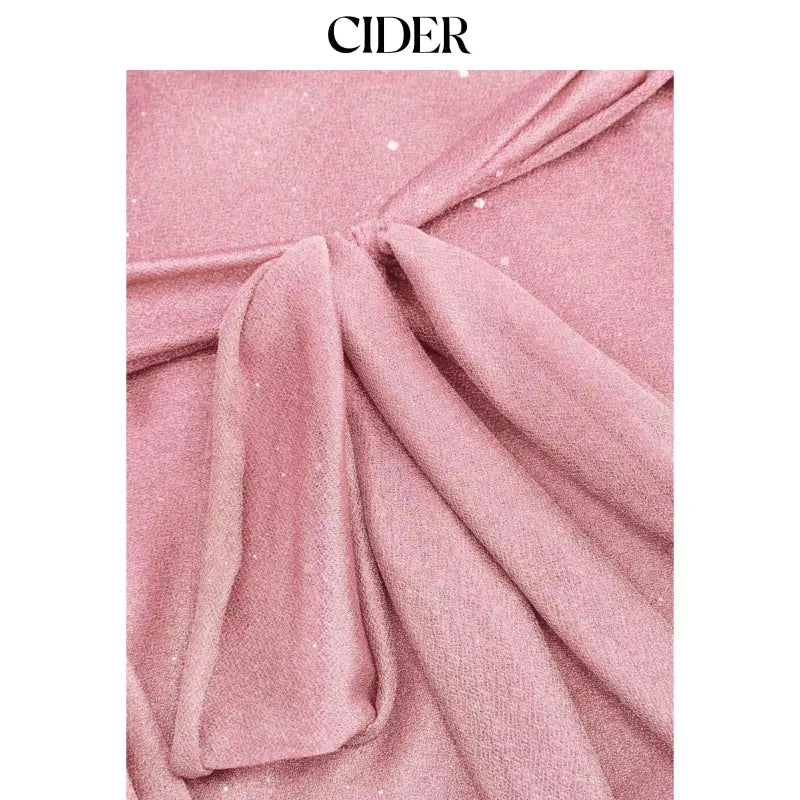Cider V-Neck Halter Ruffled Hem Tulle Glitter Mini Dress Casual Wear Sexy Glamorous Women's Party Clubbing Festival Gown, Oversized Loose Fit Bounce Sundress with Scarf for Summer SohoChic