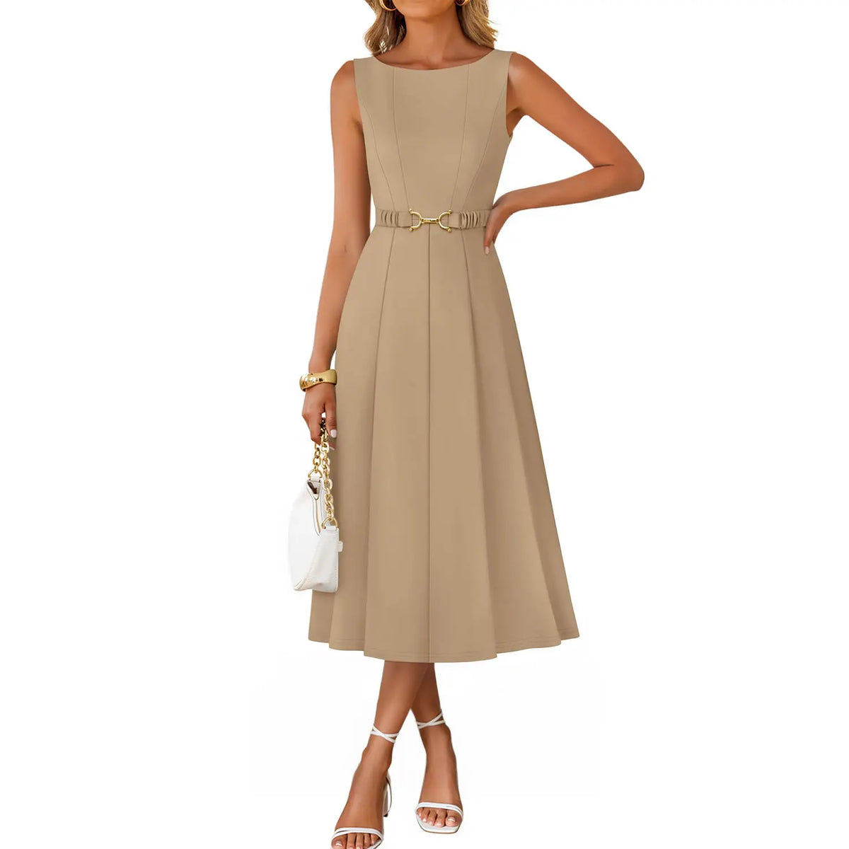 ZESICA Women Summer Sleeveless Midi Dresses 2026 Elegant Boat Neck A Line Tie Waist Spring Cocktail Party Dress