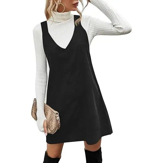 Wenrine Women's V Neck Corduroy Overall Dress Casual Loose Short Pinafore Dresses Cute Mini Jumper Dress