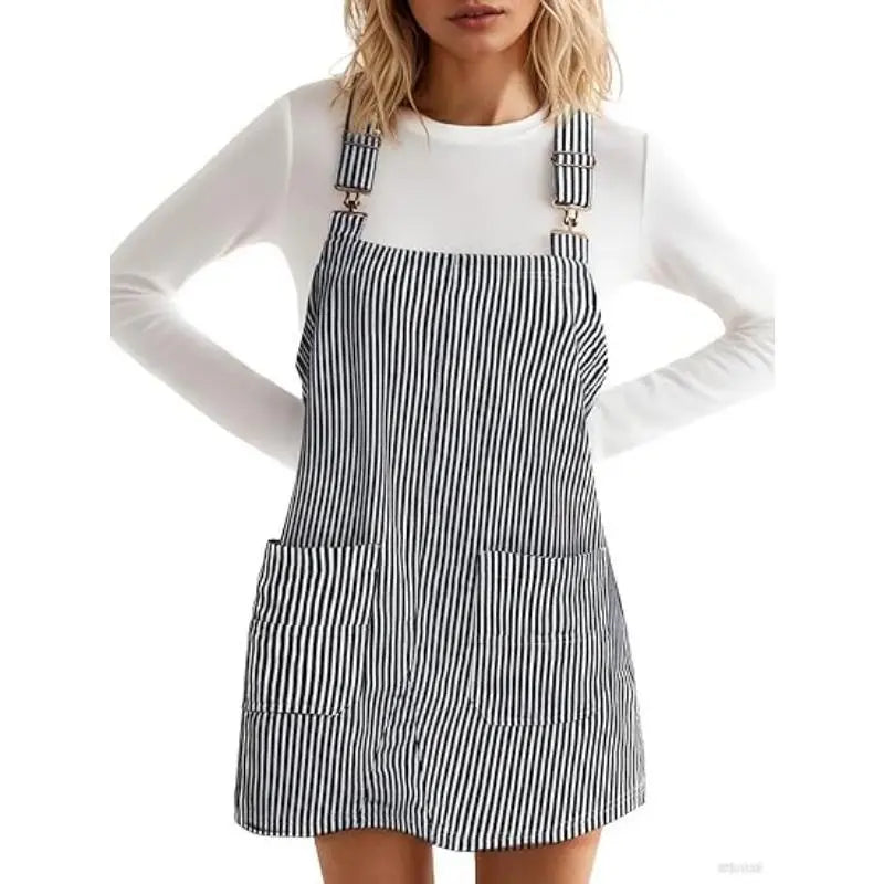 Imily Bela Womens Casual Striped Denim Dress Summer Pinafore Overalls Romper Adjustable Straps Jumper Dress with Pockets
