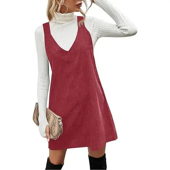 Wenrine Women's V Neck Corduroy Overall Dress Casual Loose Short Pinafore Dresses Cute Mini Jumper Dress