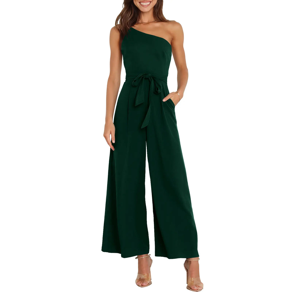 ANRABESS Women's Summer Dressy One Shoulder Sleeveless Tie Waist Backless Casual Wide Leg Jumpsuit Rompers Pockets Wedding Elegant  Overalls