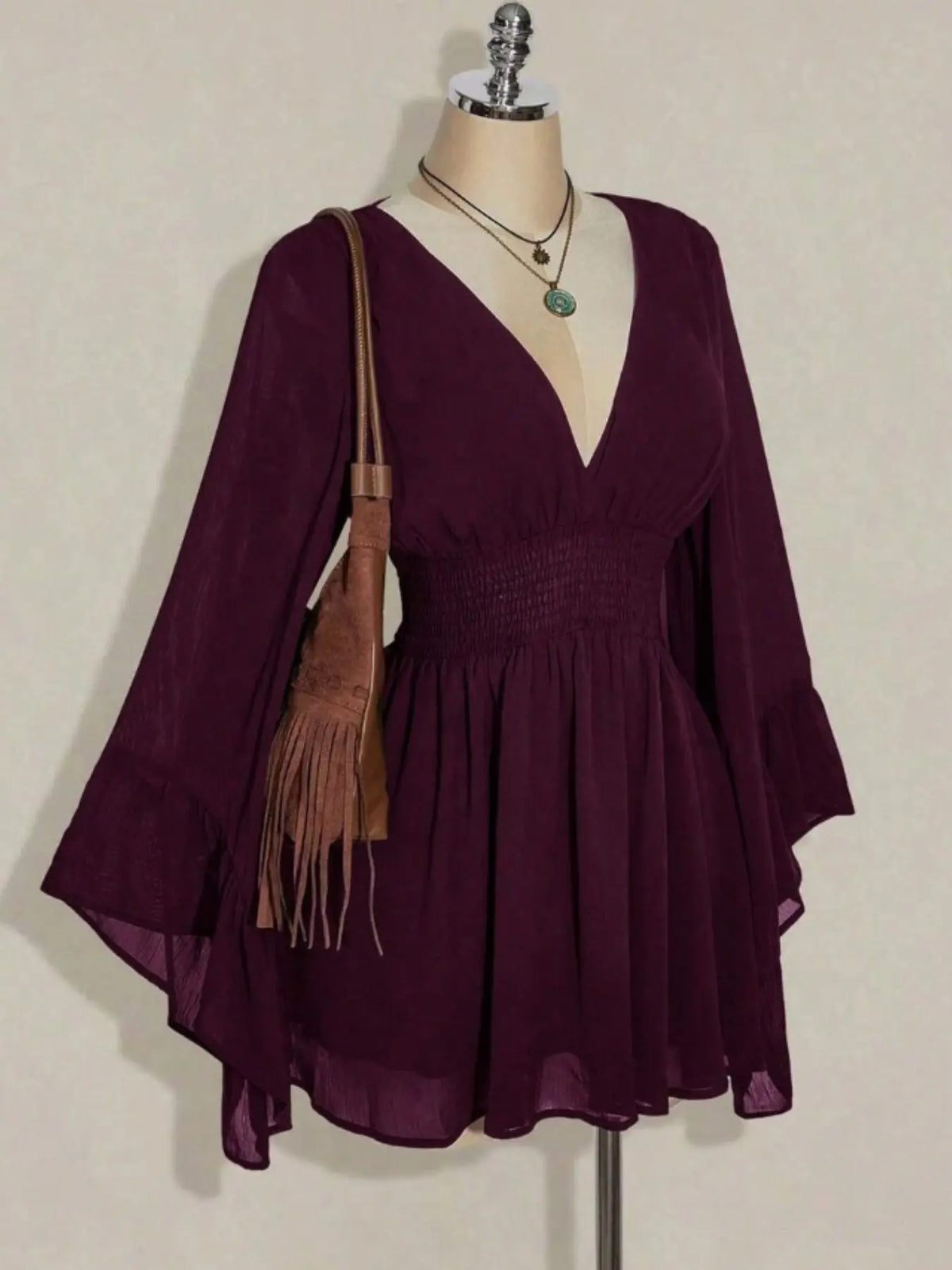Women's Gothic Style V Neck Waist Cinched Dress, Elegant Chic Long Sleeve Mini Dress, Autumn/winter Lantern Sleeve Dress