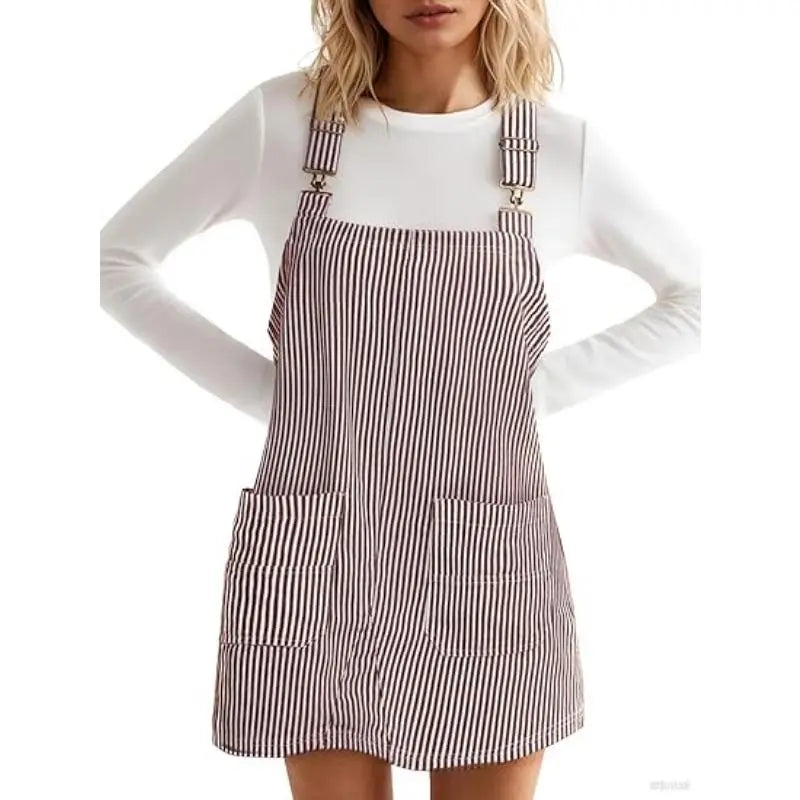 Imily Bela Womens Casual Striped Denim Dress Summer Pinafore Overalls Romper Adjustable Straps Jumper Dress with Pockets