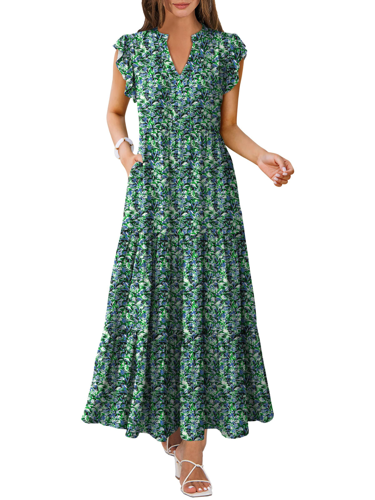 ANRABESS Womens Summer Dress Ruffle Sleeve V Neck Vacation Maxi Dresses