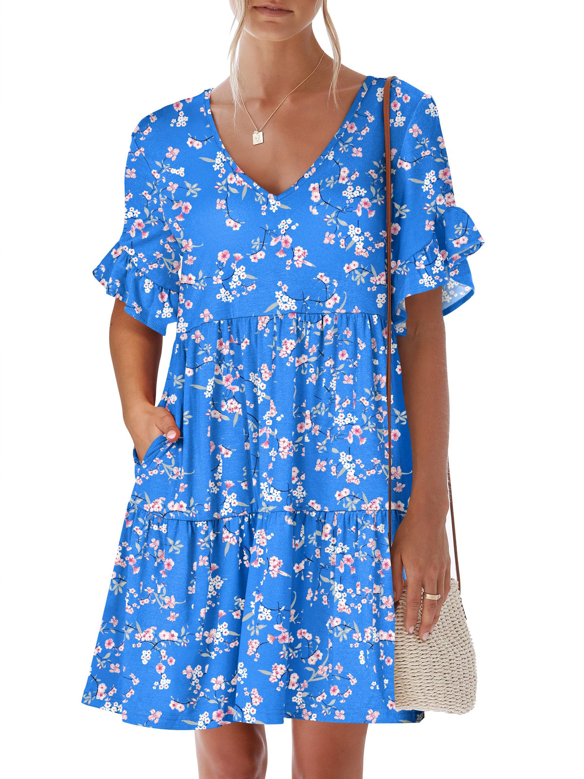 ANRABESS Dresses for Women Summer 2026 V Neck Ruffle Sleeve A Line Tiered Flowy Casual Trendy Mini Beach Dress with Pockets