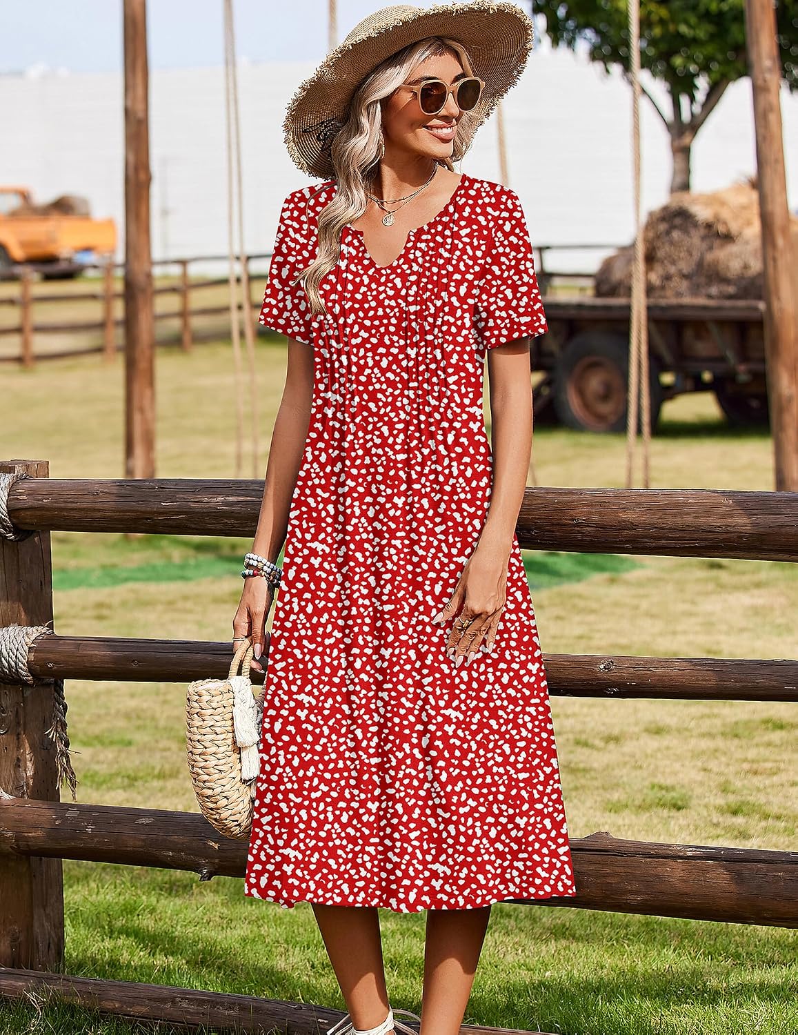 Zeagoo Summer Dresses for Women 2026 Casual Short Sleeve Aline Midi Dress with Pocket Flowy Pleated Tshirt Beach Sundress