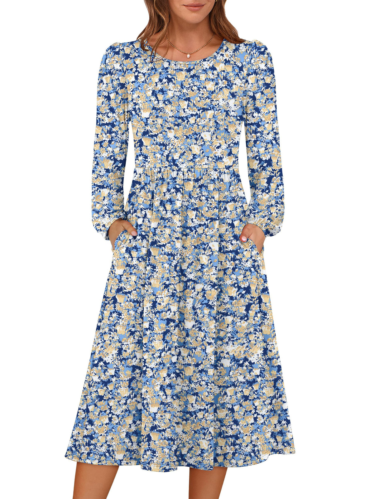 ANRABESS Women Long Sleeve Casual Fall Midi Dress Lightweight with Pockets
