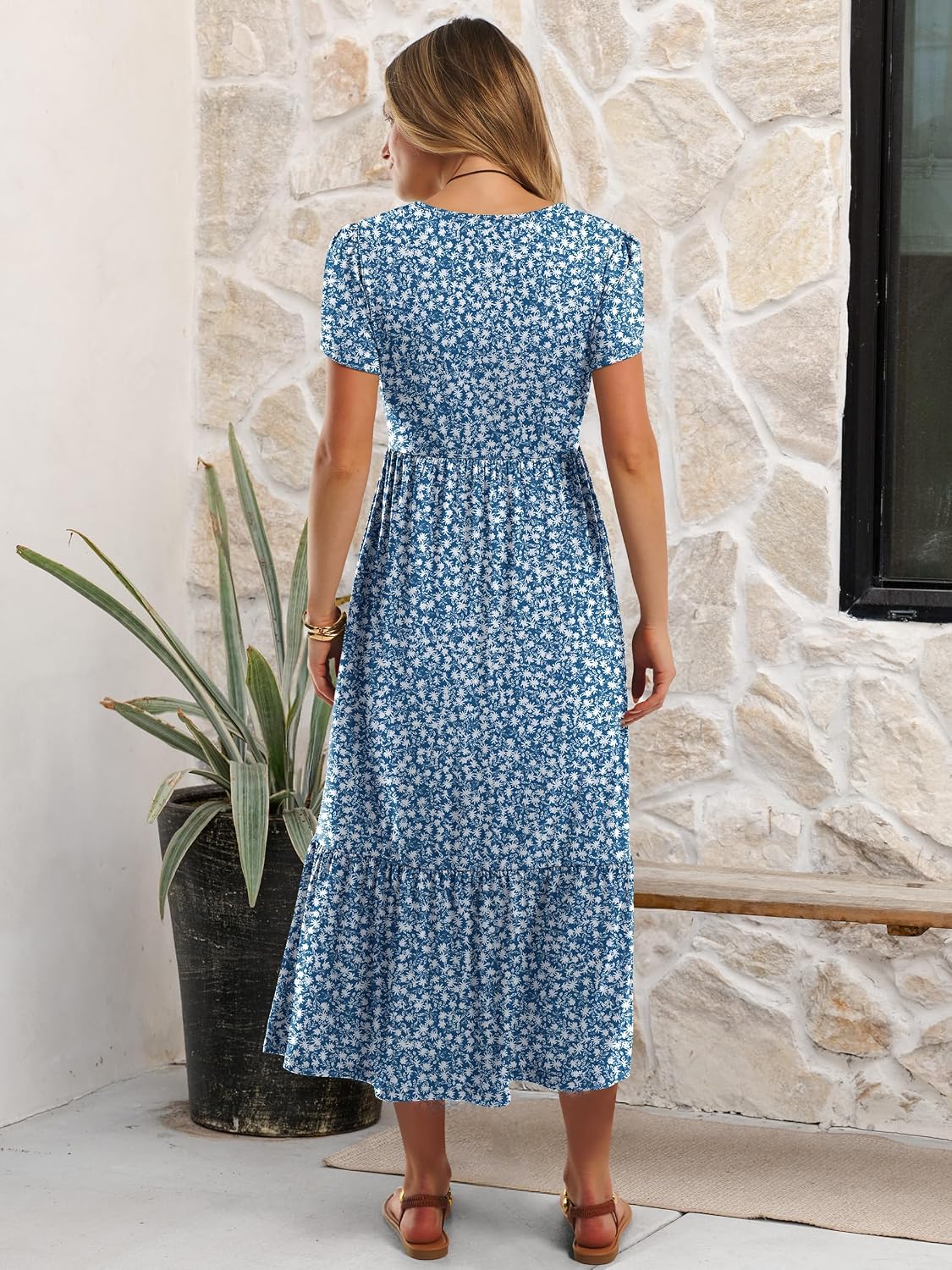 ANRABESS Womens Summer Petal Short Sleeve Maxi Dress with Pockets
