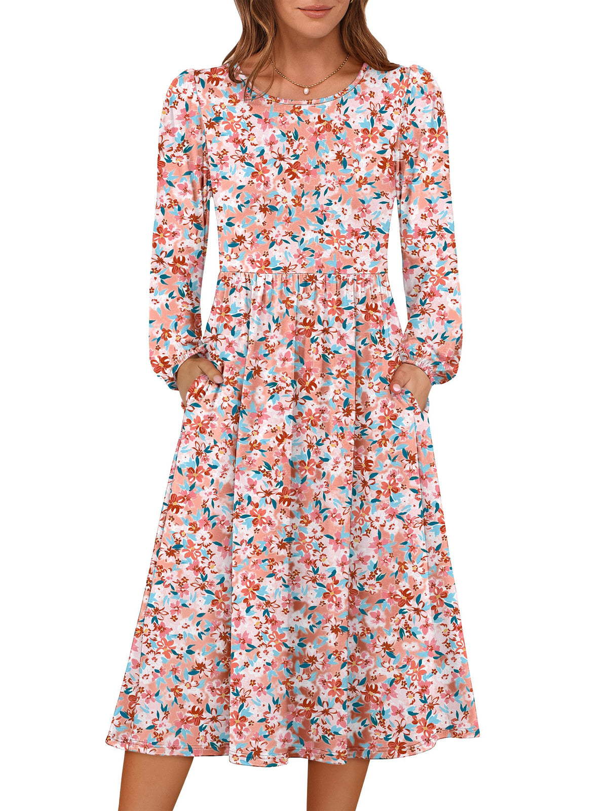 ANRABESS Women Long Sleeve Casual Fall Midi Dress Lightweight with Pockets