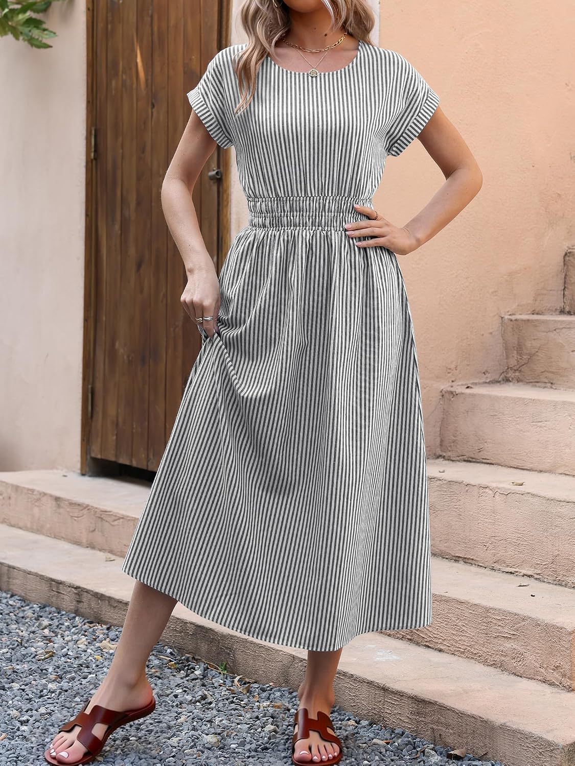 ANRABESS Womens Summer Midi Dress Striped Casual Short Sleeve Crewneck Elastic Waist 2026 Flowy Long Beach Dress with Pockets