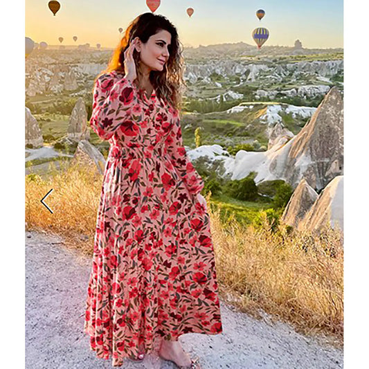 ZESICA Women's 2025 Fall Long Sleeve Maxi Dress Floral Print V Neck Empire Waist A Line Tiered Flowy Boho Party Dresses