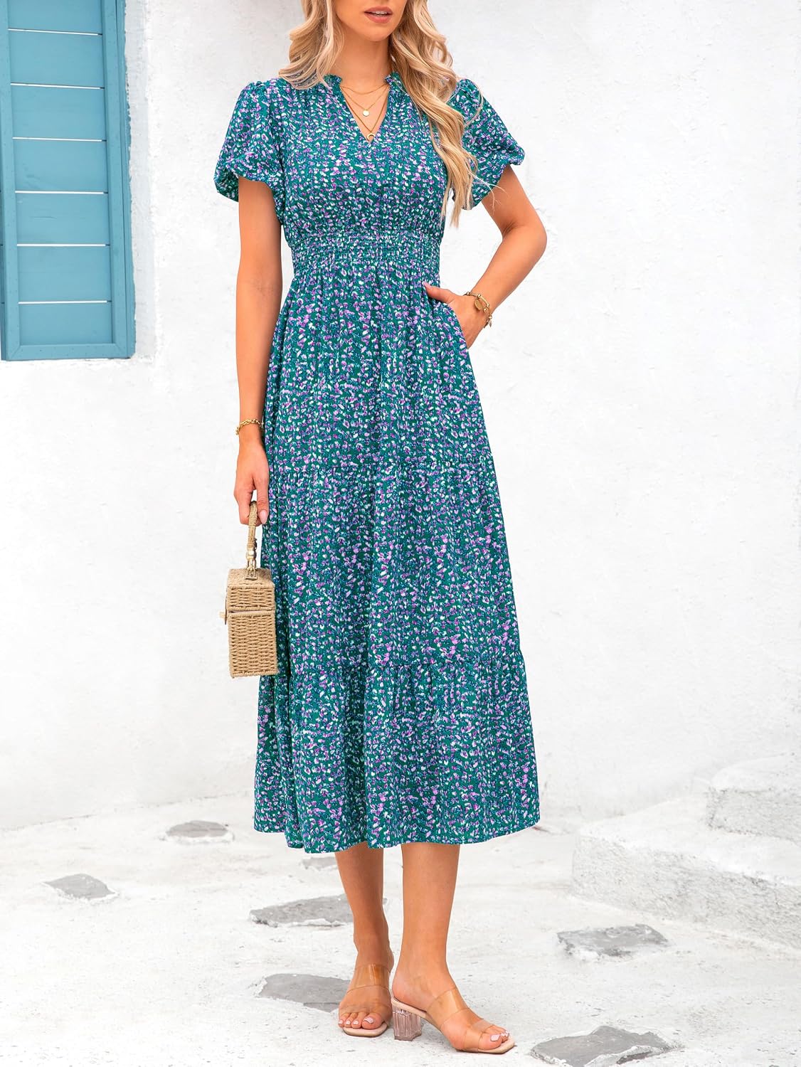 MASCOMODA Summer Maxi Dresses for Women 2026 Short Sleeve Long Floral Dress