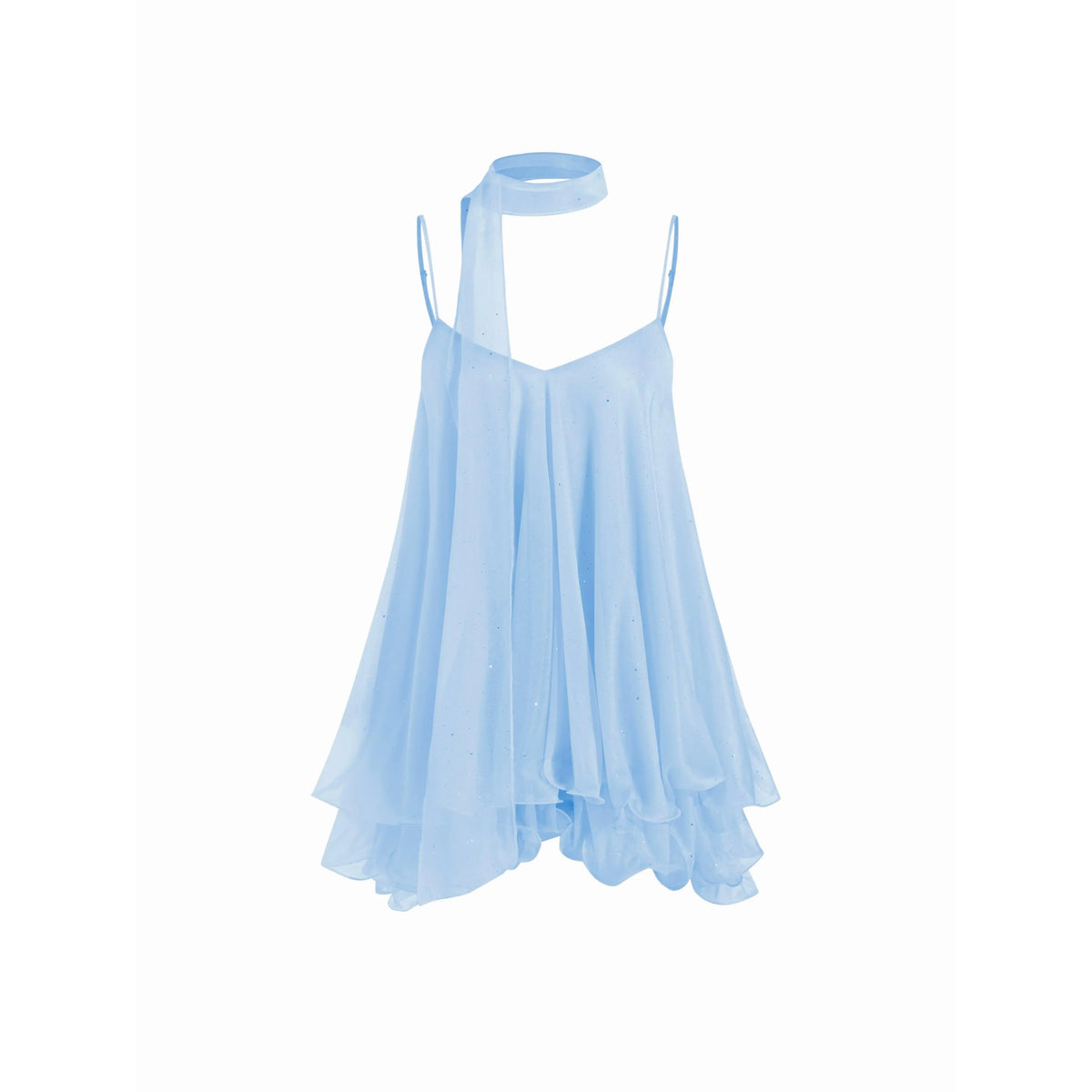 Cider V-Neck Halter Ruffled Hem Tulle Glitter Mini Dress Casual Wear Sexy Glamorous Women's Party Clubbing Festival Gown, Oversized Loose Fit Bounce Sundress with Scarf for Summer SohoChic