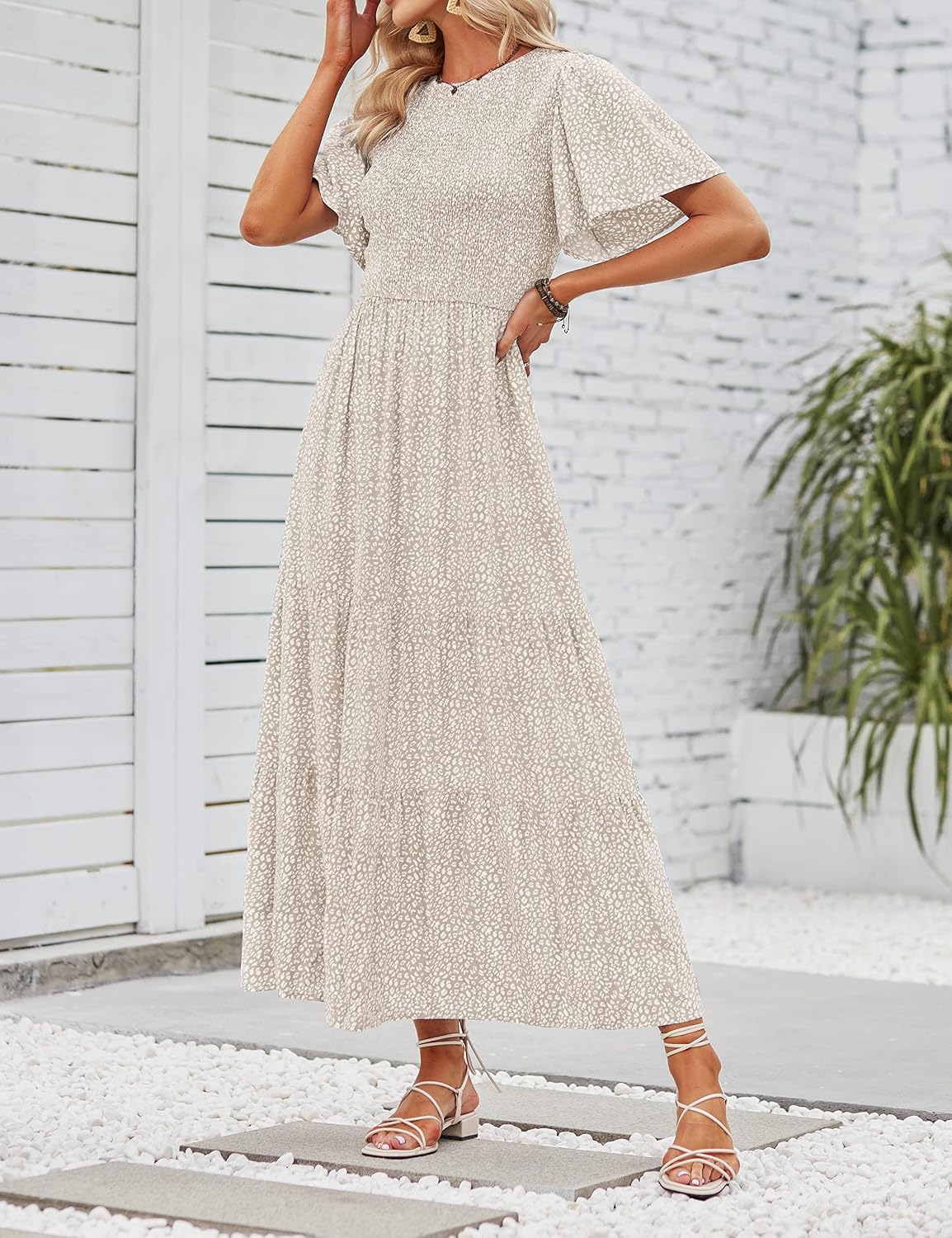 ZESICA Women's Summer Boho Floral Smocked Short Sleeve Maxi Dress