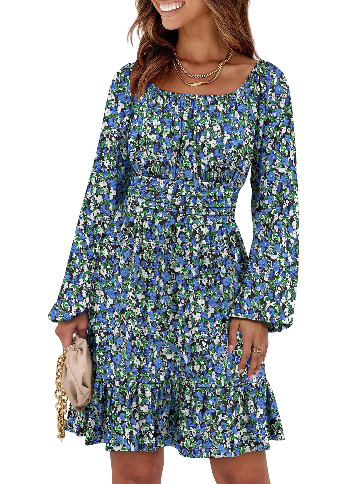 ANRABESS Women Long Lantern Sleeve Square Neck Fall Short Dress