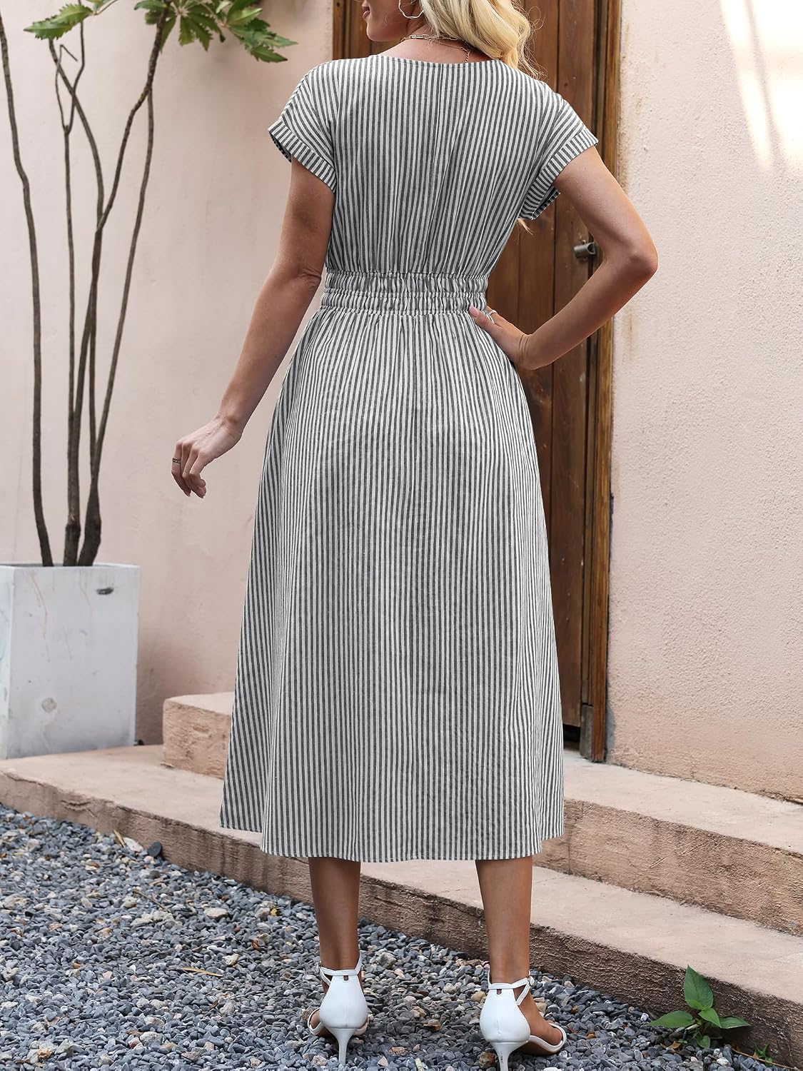 ANRABESS Womens Summer Midi Dress Striped Casual Short Sleeve Crewneck Elastic Waist 2026 Flowy Long Beach Dress with Pockets
