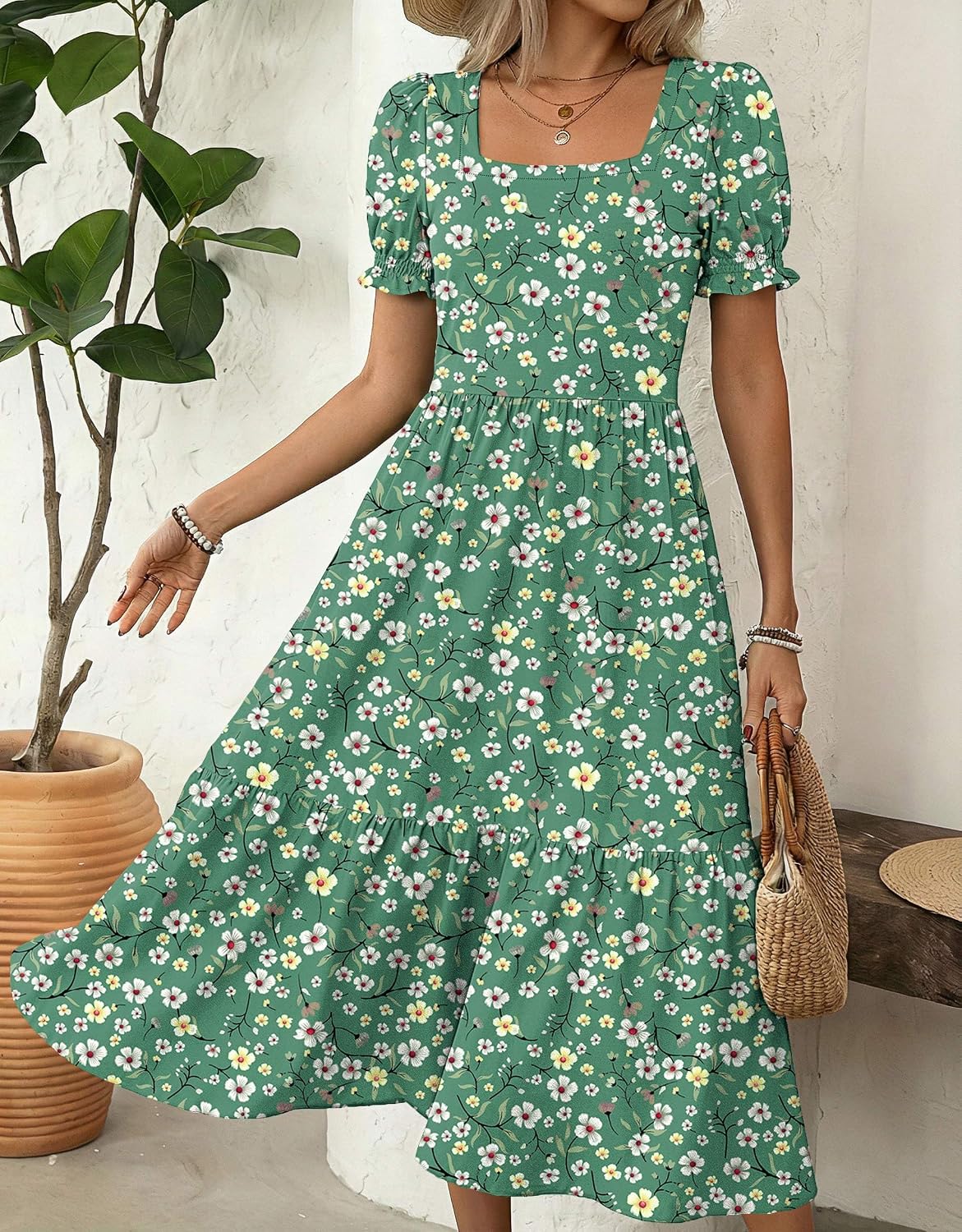 Zeagoo Summer Dresses for Women Flowy Casual Midi Dress Short Sleeve Tiered Dress Beach Vacation Sundresses with Pockets