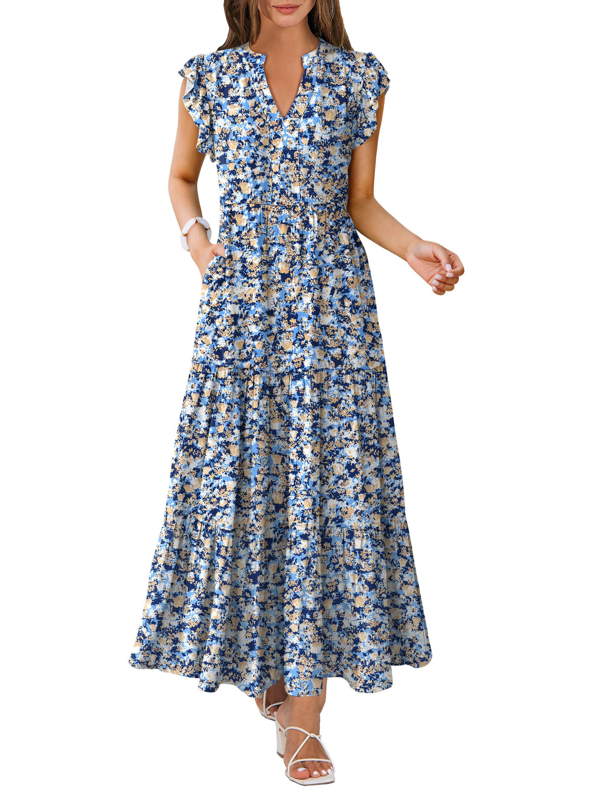 ANRABESS Womens Summer Dress Ruffle Sleeve V Neck Vacation Maxi Dresses