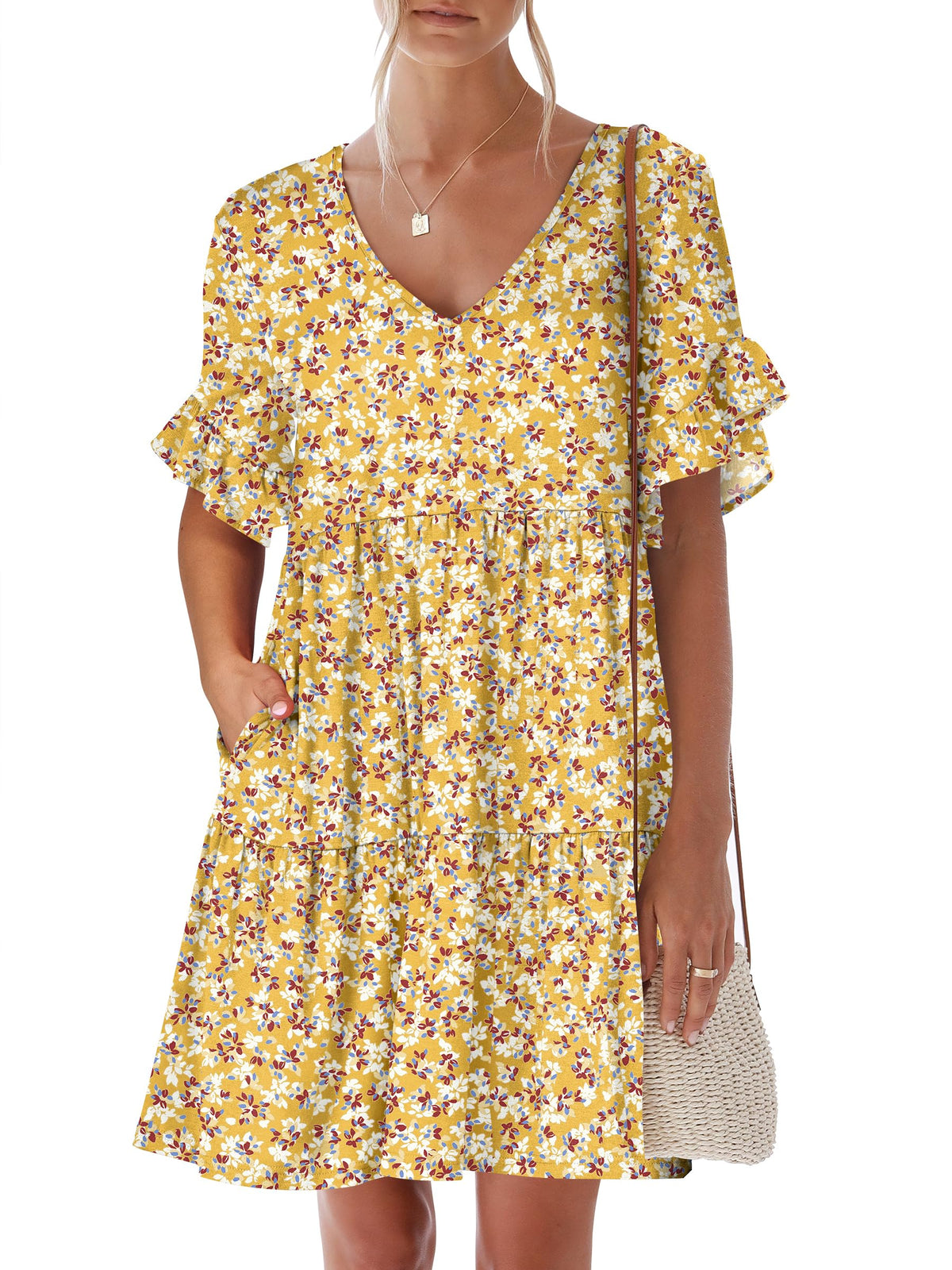 ANRABESS Dresses for Women Summer 2026 V Neck Ruffle Sleeve A Line Tiered Flowy Casual Trendy Mini Beach Dress with Pockets