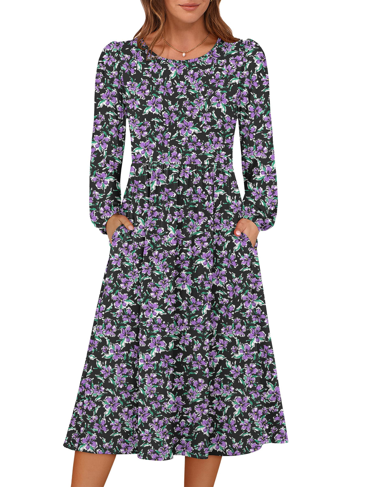 ANRABESS Women Long Sleeve Casual Fall Midi Dress Lightweight with Pockets
