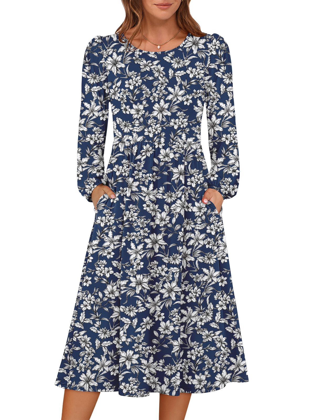 ANRABESS Women Long Sleeve Casual Fall Midi Dress Lightweight with Pockets