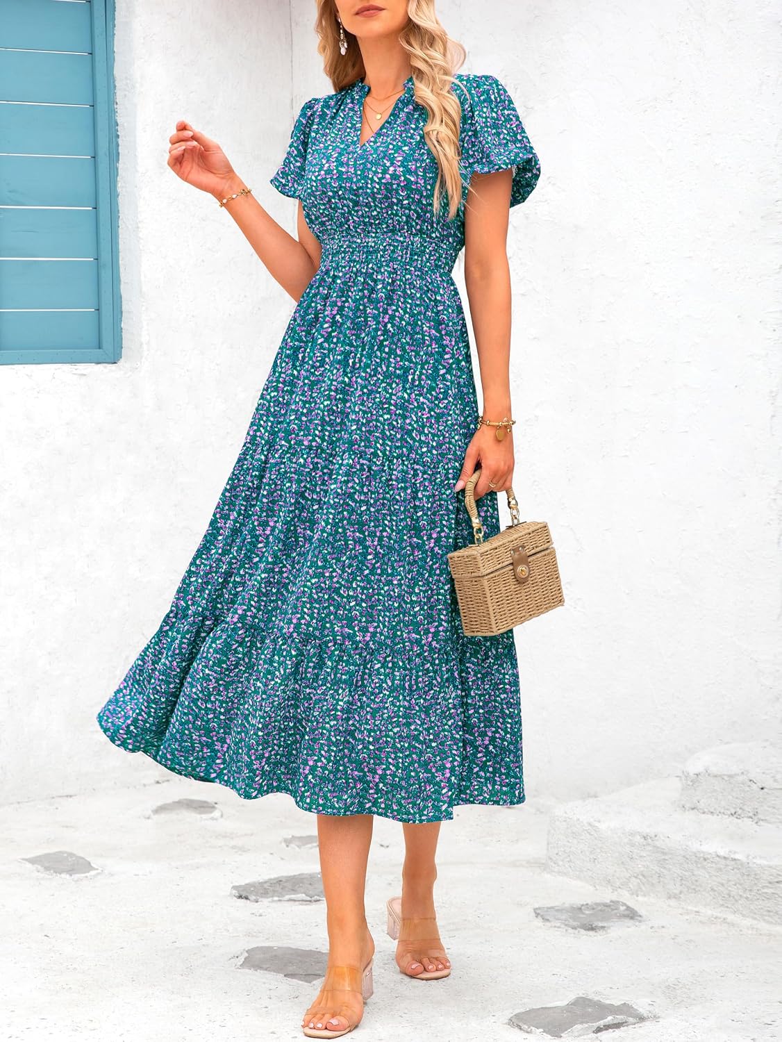 MASCOMODA Summer Maxi Dresses for Women 2026 Short Sleeve Long Floral Dress