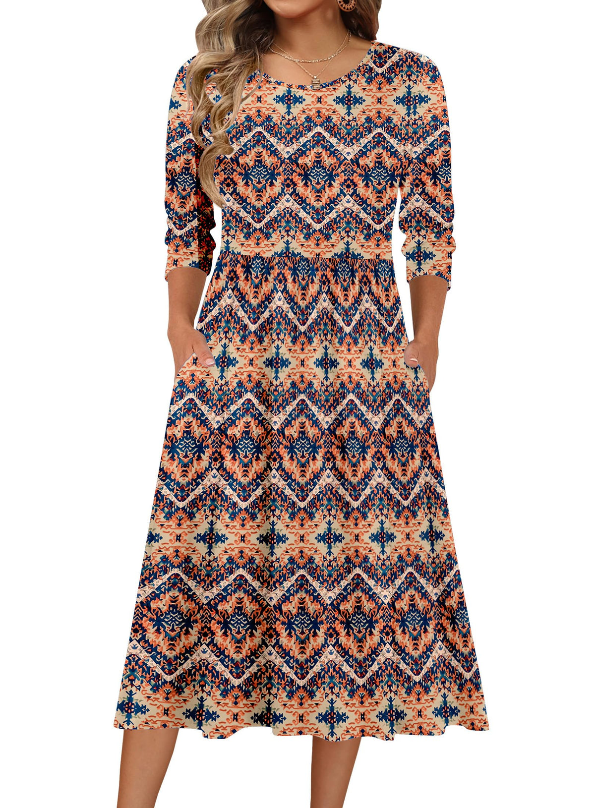 Zeagoo 3/4 Sleeve Women's Dress Casual Aline Summer Fall Midi Long Dresses