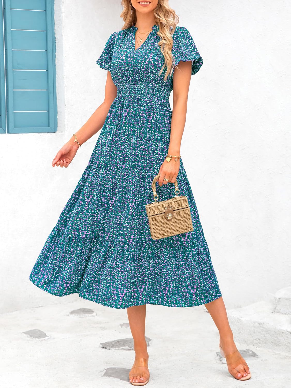 MASCOMODA Summer Maxi Dresses for Women 2026 Short Sleeve Long Floral Dress