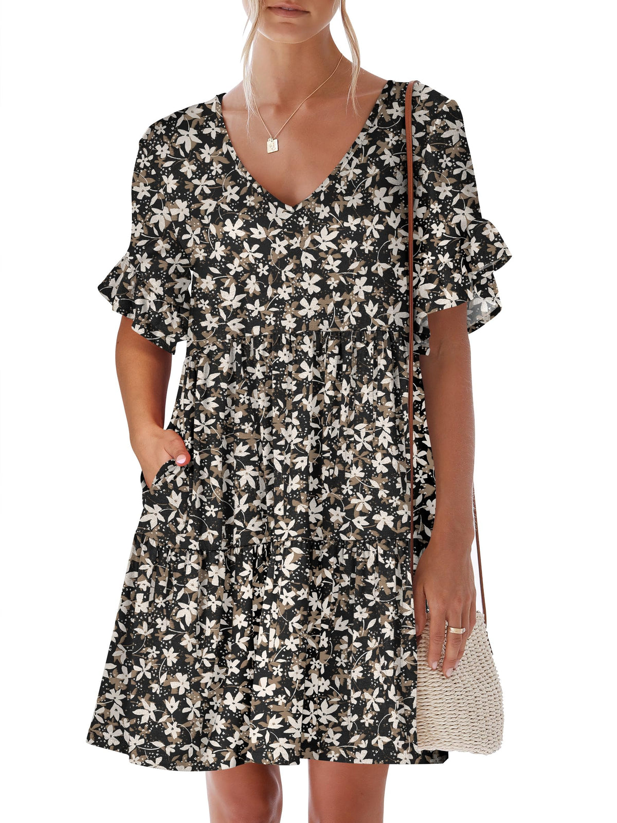 ANRABESS Dresses for Women Summer 2026 V Neck Ruffle Sleeve A Line Tiered Flowy Casual Trendy Mini Beach Dress with Pockets