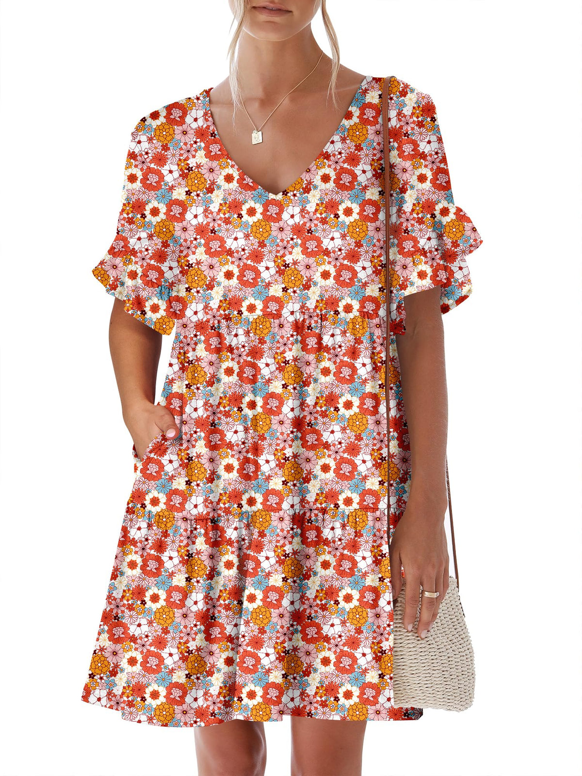 ANRABESS Dresses for Women Summer 2026 V Neck Ruffle Sleeve A Line Tiered Flowy Casual Trendy Mini Beach Dress with Pockets