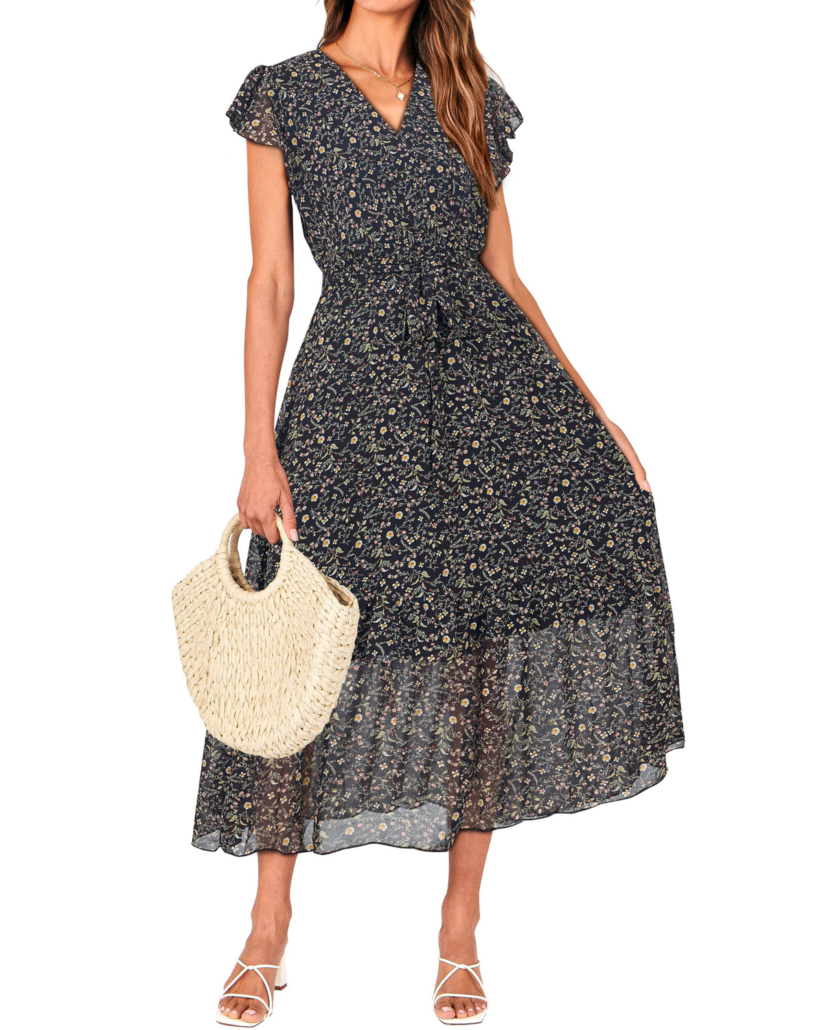 BTFBM Women Summer Casual Wrap V Neck Ruffle Cap Sleeve Belted Midi Dress