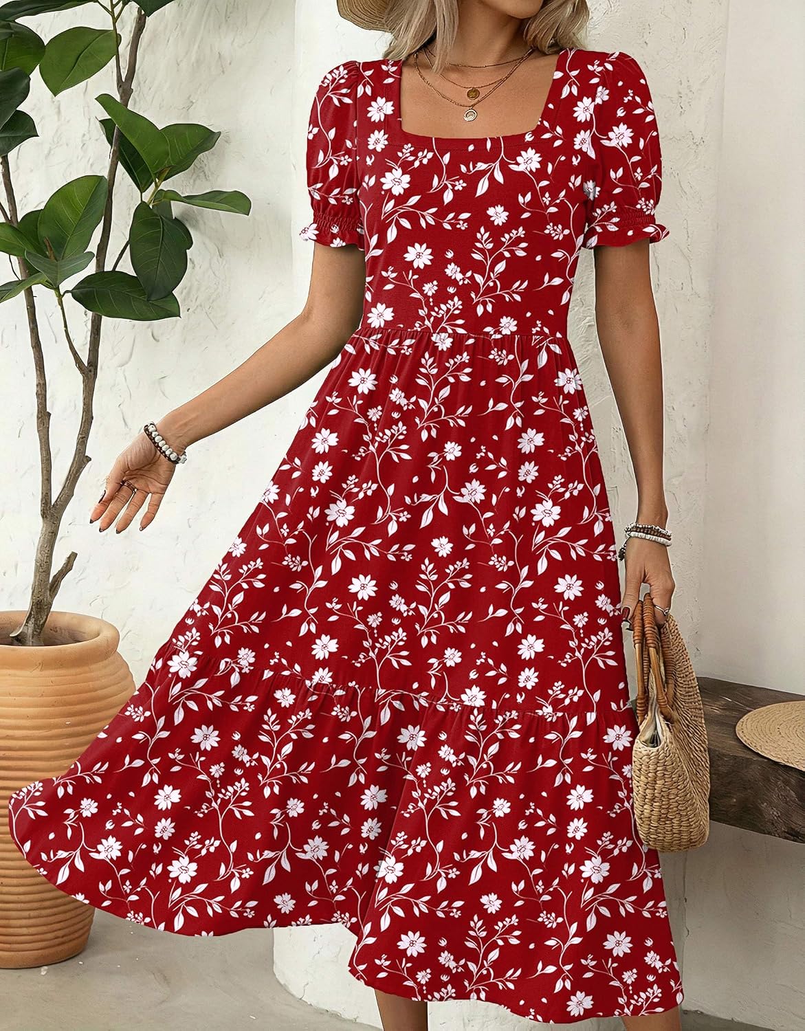 Zeagoo Summer Dresses for Women Flowy Casual Midi Dress Short Sleeve Tiered Dress Beach Vacation Sundresses with Pockets