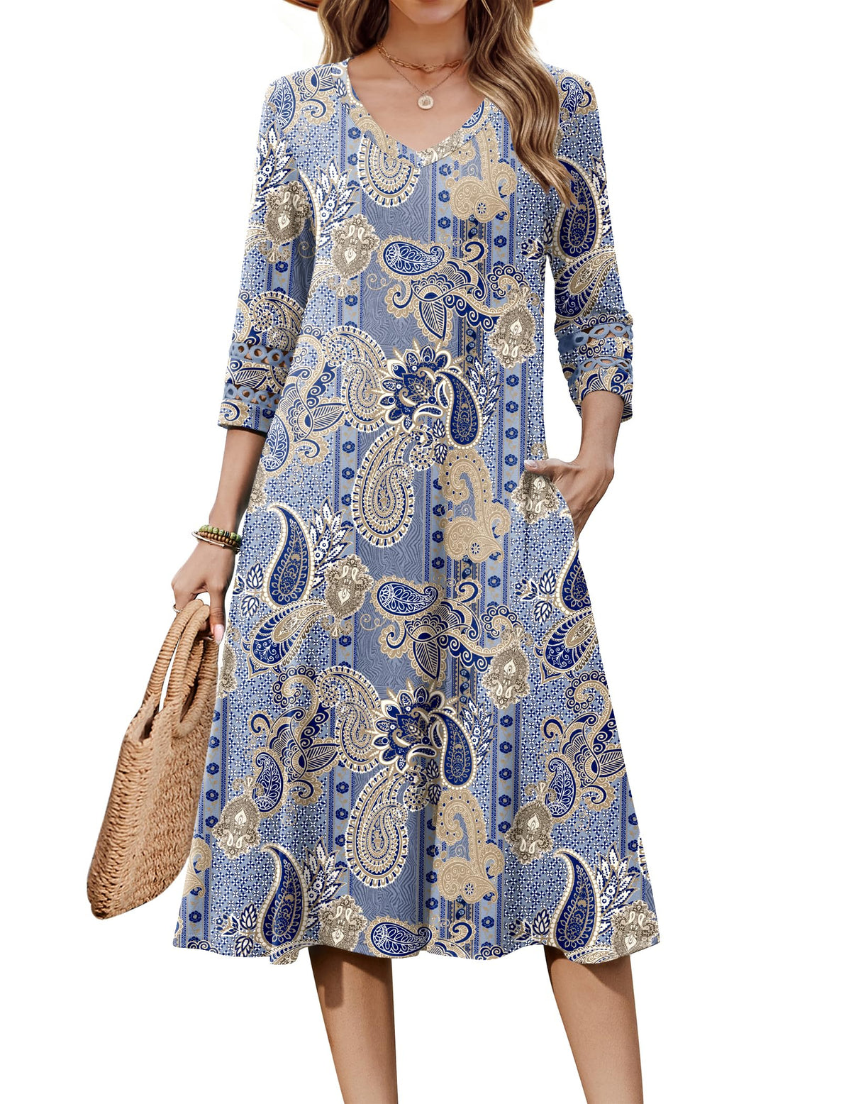 Zeagoo Women's Dresses 3/4 Sleeve Casual V-Neck A Line Eyelet Midi Dress