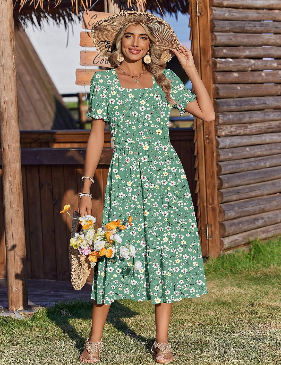 Zeagoo Summer Dresses for Women Flowy Casual Midi Dress Short Sleeve Tiered Dress Beach Vacation Sundresses with Pockets