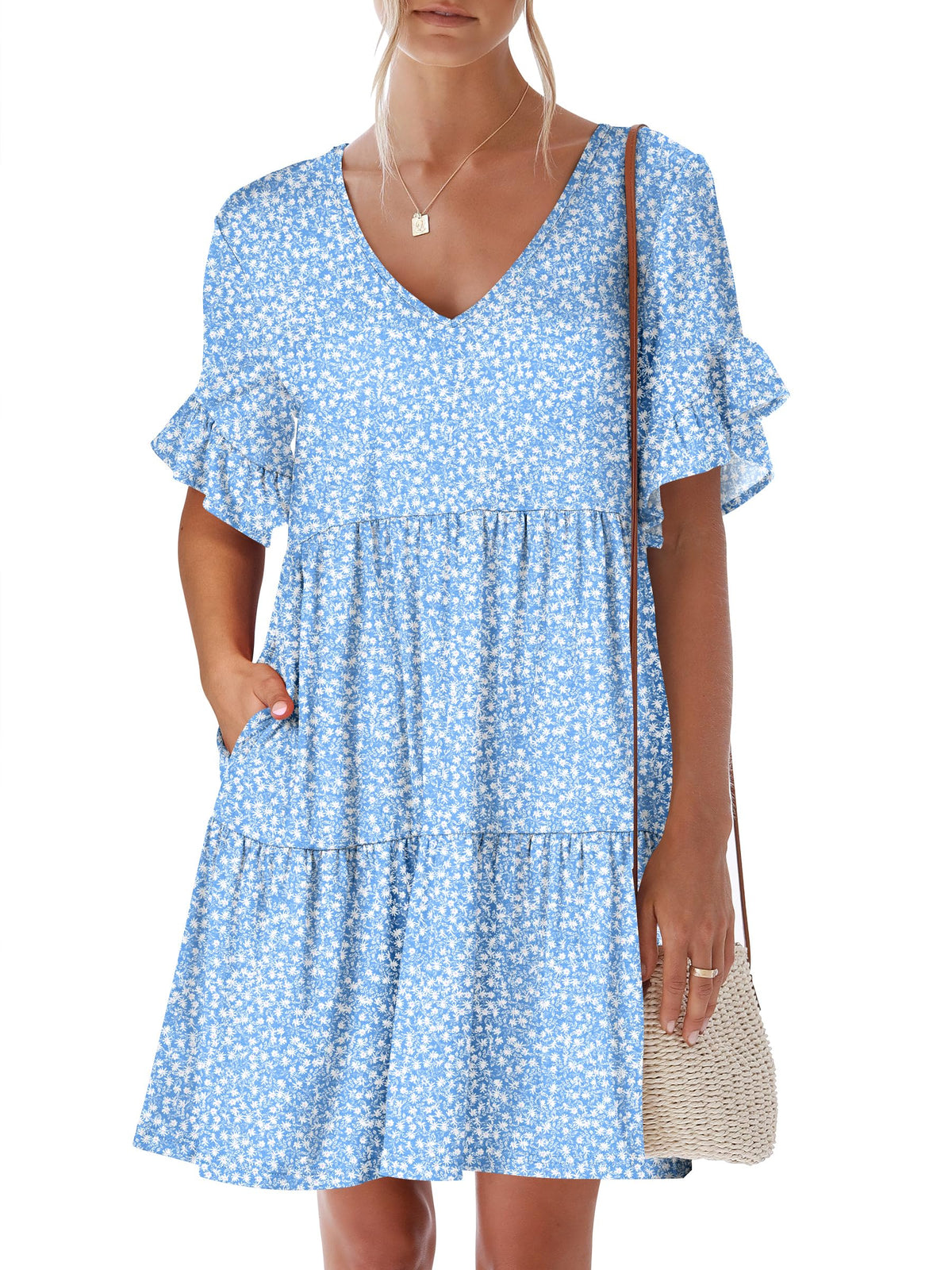 ANRABESS Dresses for Women Summer 2026 V Neck Ruffle Sleeve A Line Tiered Flowy Casual Trendy Mini Beach Dress with Pockets