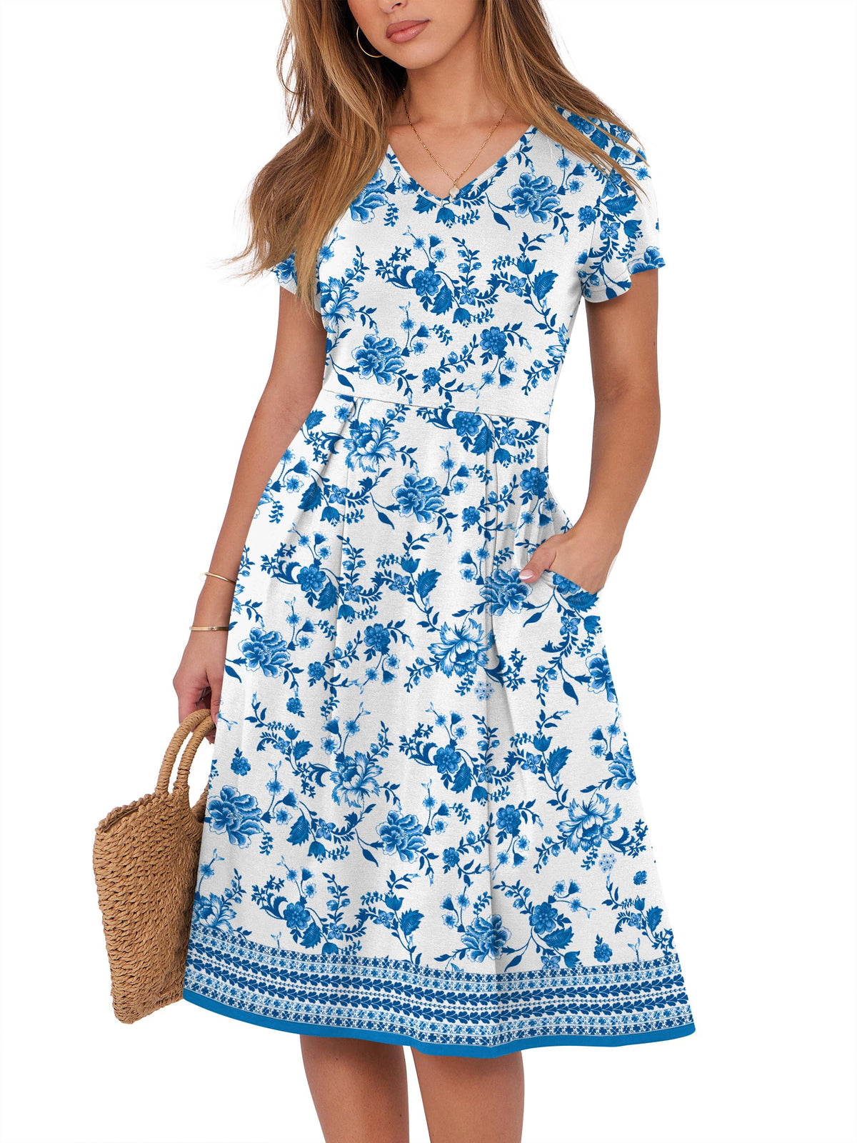 ANRABESS Women Summer Dress Casual Short Sleeve V Neck A-Line Knee Length Pleated Flowy 2026 Fashion Midi Dresses with Pocket