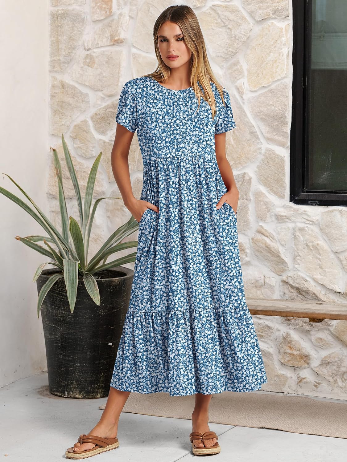 ANRABESS Womens Summer Petal Short Sleeve Maxi Dress with Pockets