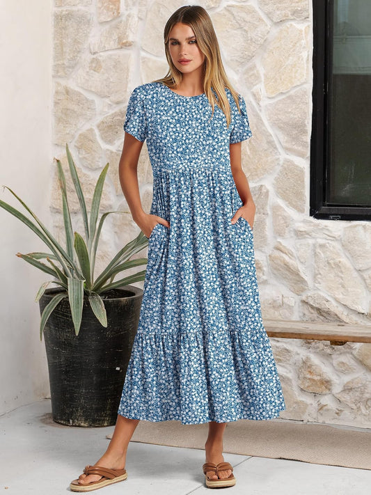ANRABESS Womens Summer Petal Short Sleeve Maxi Dress with Pockets