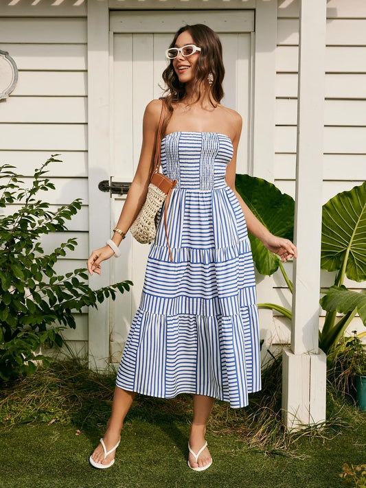 CIDER Women's Strapless Dress with Pockets Tube Striped Long Midi Dresses A Line Beach Vacation Casual Summer Outfits