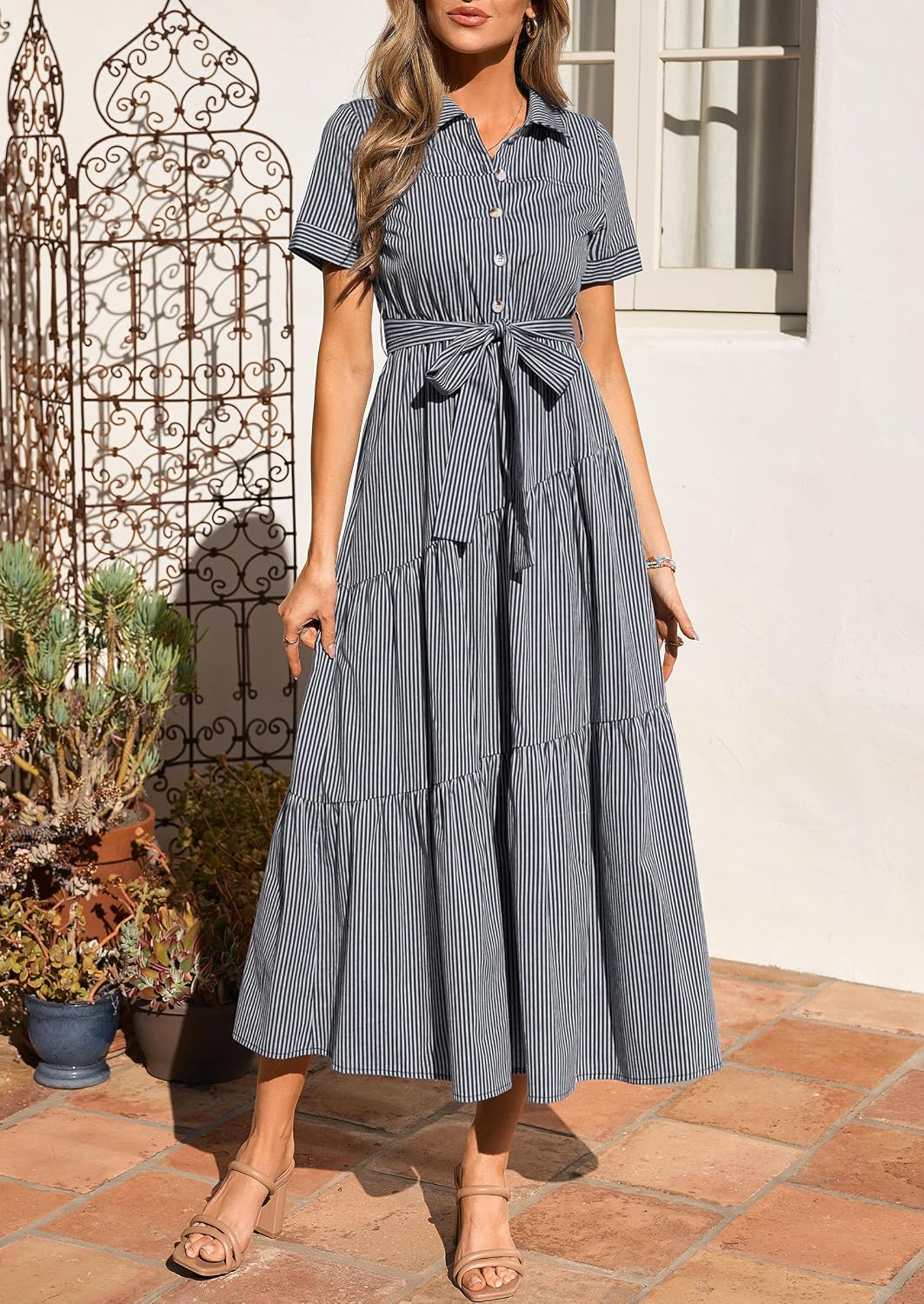 PRETTYGARDEN Women Striped Button Up Maxi Shirt Dress