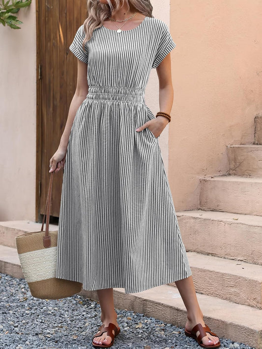 ANRABESS Womens Summer Midi Dress Striped Casual Short Sleeve Crewneck Elastic Waist 2026 Flowy Long Beach Dress with Pockets